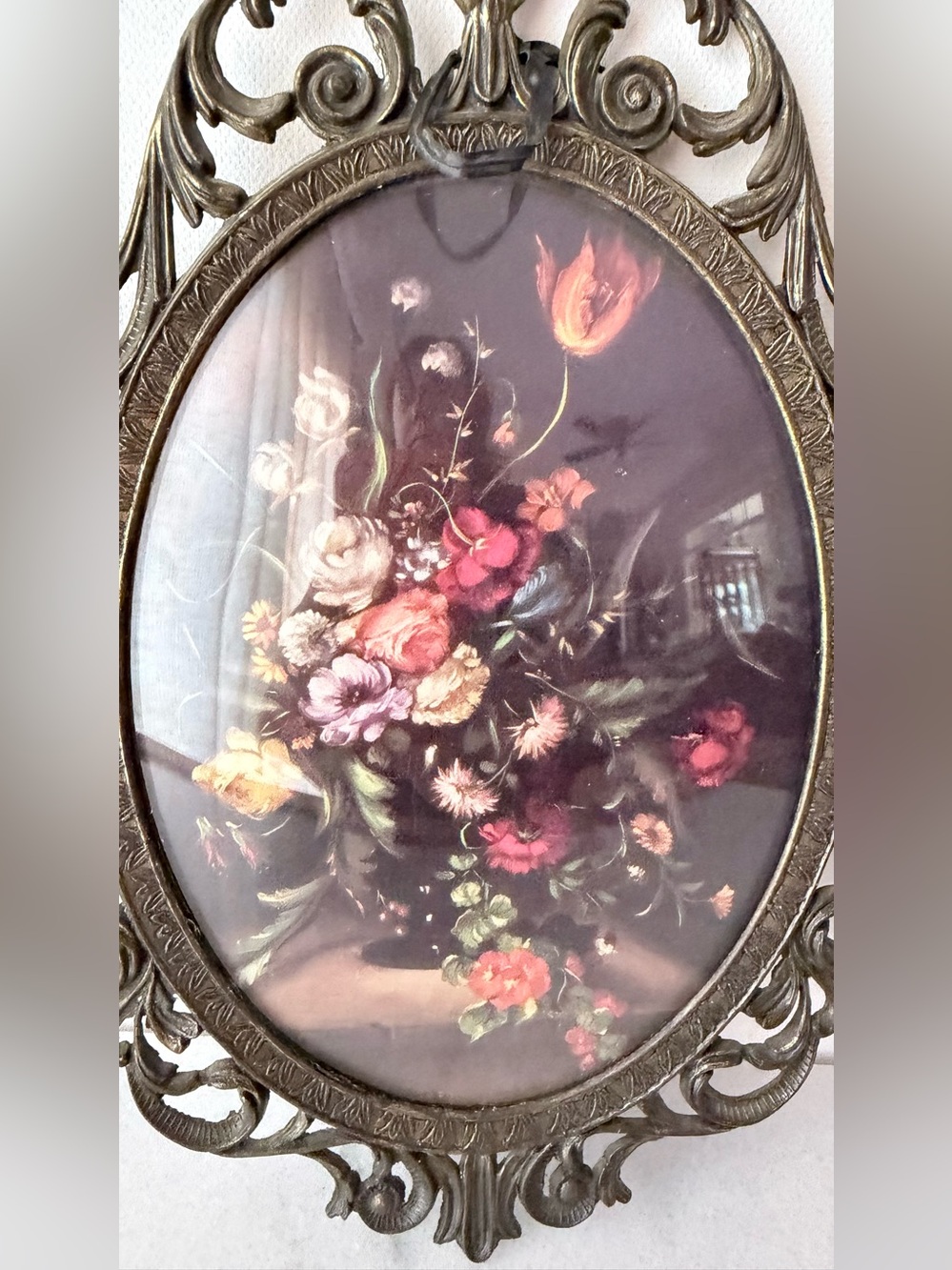Ornate gold Vintage Oval Floral Wall Art - Brass Frame Italian - Picture 3 of 7